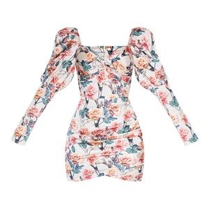 Nude Rose Print Puff Sleeve Twist Detail Bodycon Dress Pretty Little Thing